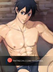 Rule 34 | 1boy, abs, alternate muscle size, bara, black hair, bulge, cowboy shot, erection, erection under clothes, hair between eyes, hydaria, kirito, knee up, looking at viewer, male focus, navel, nipples, paid reward available, pectorals, short hair, sitting, solo, stomach, sword art online, toned, toned male, topless male, watermark