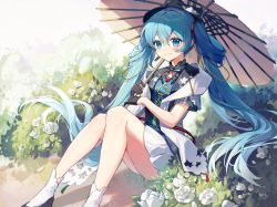Rule 34 | 1girl, black gloves, black hat, blue eyes, blue hair, closed mouth, day, earrings, flower, gloves, hair between eyes, hat, hat flower, hatsune miku, highres, holding, holding umbrella, jewelry, long hair, miku with you (vocaloid), miniskirt, oil-paper umbrella, outdoors, pleated skirt, short sleeves, sitting, skirt, smile, socks, solo, twintails, umbrella, very long hair, vocaloid, white flower, white skirt, white socks, white umbrella, yunweishukuang