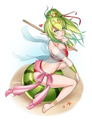Rule 34 | 1girl, ass, bikini, blush, breasts, cape, cleavage, fire emblem, fire emblem: mystery of the emblem, fire emblem awakening, fire emblem heroes, food, fruit, green eyes, green hair, hair ornament, highres, jewelry, large breasts, long hair, looking at viewer, nintendo, open mouth, pointy ears, ponytail, ribbon, smile, solo, swimsuit, tiki (adult) (fire emblem), tiki (adult) (summer) (fire emblem), tiki (fire emblem), velladonna, watermelon
