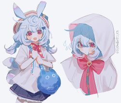 1girl :d animal_ears bag beret black_skirt blue_hair bow bowtie cloak genshin_impact hair_between_eyes handbag hat highres hood hood_up hooded_cloak inagoinaire long_sleeves looking_at_viewer low_twintails miniskirt multiple_views open_mouth own_hands_together pink_bow pink_bowtie pleated_skirt rabbit_ears rabbit_girl red_eyes shirt sidelocks sigewinne_(genshin_impact) simple_background skirt smile sweatdrop twintails white_background white_cloak white_hat white_shirt
