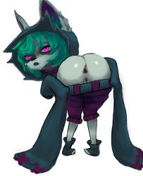 Rule 34 | 1girl, animal ears, anus, ass, back, green hair, highres, no background, pink eyes, pussy, pussy peek, solo, vex (league of legends), yordle