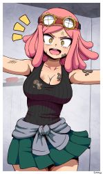 Rule 34 | 1girl, absurdres, bare shoulders, black shirt, blush, boku no hero academia, breasts, cleavage, collarbone, goggles, goggles on head, green skirt, hatsume mei, highres, large breasts, looking at viewer, medium hair, open mouth, outstretched arms, pink hair, pleated skirt, shirt, simmsy, skirt, solo, symbol-shaped pupils, tank top, teeth, upper teeth only, yellow eyes