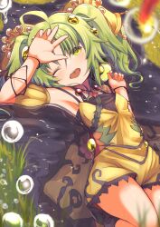 Rule 34 | 1girl, ahoge, bare shoulders, demimushi, dress, duel monster, flower, green eyes, green hair, hair ornament, highres, jewelry, long hair, looking at viewer, lying on water, open mouth, smile, solo, traptrix sera, twintails, yellow dress, yu-gi-oh!
