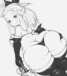Rule 34 | 1girl, absurdres, ass, ass grab, back, bikini, blush, bravely default: flying fairy, bravely default (series), butt crack, edea lee, elbow gloves, from behind, gloves, grabbing own ass, highres, huge ass, long hair, looking at viewer, looking back, monochrome, simple background, sketch, smile, solo, swimsuit, thanuki, thick thighs, thighhighs, thighs, thong, wide hips