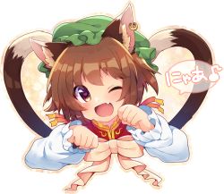 Rule 34 | 1girl, ;d, animal ears, blush, brown hair, cat ears, cat tail, chen, earrings, fang, hat, heart, heart-shaped pupils, jewelry, looking at viewer, multiple tails, nekomata, one eye closed, open mouth, paw pose, red eyes, short hair, single earring, smile, solo, symbol-shaped pupils, tail, touhou, translated, transparent background, usamata