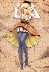 Rule 34 | 10s, 1girl, absurdres, bare shoulders, beret, black panties, blonde hair, blush, breasts, cameltoe, cleavage, corset, dakimakura (medium), detached sleeves, drill hair, full body, garter straps, hair ornament, hat, highres, large breasts, lying, magical girl, mahou shoujo madoka magica, mahou shoujo madoka magica (anime), on back, panties, pleated skirt, saliva, skirt, solo, striped clothes, striped thighhighs, tears, thighhighs, tomoe mami, underwear, vertical-striped clothes, vertical-striped thighhighs, watery s, yellow eyes
