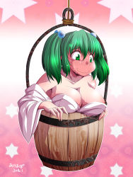 Rule 34 | 10s, 1girl, 2016, areola slip, bare shoulders, blush, breasts, bucket, chamupei, cleavage, collarbone, embarrassed, female focus, forced smile, full-face blush, green eyes, green hair, hair bobbles, hair ornament, highres, in bucket, in container, japanese clothes, kimono, kisume, large breasts, long sleeves, matching hair/eyes, off shoulder, open clothes, open kimono, short hair, simple background, smile, solo, sweat, touhou, twintails, wide sleeves, wooden bucket, yukata