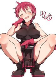 Rule 34 | 1girl, baakurou, black dress, black footwear, blush, boots, breasts, character name, china dress, chinese clothes, closed eyes, commentary request, dress, full body, gloves, head tilt, kemurikusa, legs, long hair, medium breasts, open mouth, pelvic curtain, red gloves, red hair, ryou (kemurikusa), side slit, simple background, sleeveless, smile, solo, squatting, white background
