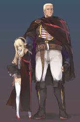 Rule 34 | 1boy, 1girl, bad id, bad pixiv id, beard, belt, blonde hair, boots, cape, dress, facial hair, father and daughter, fingerless gloves, gloves, green eyes, hairband, hand on shoulder, height difference, high heels, highres, knee boots, long hair, manly, original, pointy ears, sakura sora, shoes, size difference, thighhighs, zettai ryouiki
