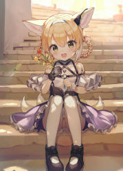 Rule 34 | 1girl, :d, absurdres, animal ears, arknights, bare shoulders, black gloves, blonde hair, blue hairband, braid, braided hair rings, facing viewer, flower, fox ears, fox tail, frills, gloves, green eyes, hair rings, hairband, highres, holding, infection monitor (arknights), looking at viewer, material growth, multiple tails, nam (nam990902), open mouth, oripathy lesion (arknights), panties, pantyhose, pantyshot, purple skirt, short hair, sitting, skirt, smile, solo, stairs, sunlight, suzuran (arknights), tail, underwear, white pantyhose, wrist cuffs