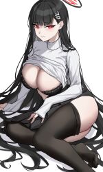 Rule 34 | 1girl, absurdres, black bra, black hair, black skirt, blue archive, blunt bangs, blush, bra, breasts, commentary, embarrassed, hair ornament, hairclip, halo, highres, lace, lace-trimmed bra, lace trim, large breasts, long hair, long sleeves, looking at viewer, nervous smile, pantyhose, pleated skirt, red eyes, rio (blue archive), skirt, smile, solo, sweater, turtleneck, turtleneck sweater, underwear, very long hair, white sweater, yukiaka