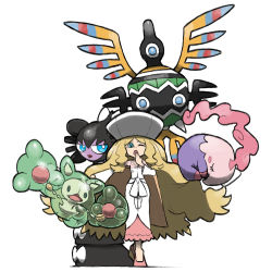 Rule 34 | 1girl, blacknirrow, blonde hair, blue eyes, caitlin (pokemon), cape, commentary, creatures (company), dress, english commentary, full body, game freak, gen 5 pokemon, gothitelle, hand up, hat, long hair, long sleeves, musharna, nintendo, one eye closed, open mouth, parted bangs, pink dress, pink footwear, pokemon, pokemon (creature), pokemon bw, reuniclus, see-through, sigilyph, simple background, very long hair, white background, white headwear, yawning