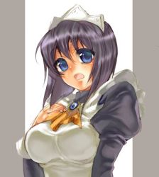 Rule 34 | 00s, 1girl, apron, black dress, blue eyes, blush, breasts, dress, hairband, hand on own chest, juliet sleeves, long sleeves, looking at viewer, lowres, maid, medium breasts, pillarboxed, puffy sleeves, purple hair, short hair, siesta (zero no tsukaima), simple background, solo, tareme, tenkuu sphere, upper body, white apron, white background, white hairband, zero no tsukaima