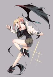Rule 34 | 1girl, animal print, armpits, bare shoulders, bat print, black shirt, blonde hair, boots, breasts, claw pose, commentary, curled fingers, detached wings, fangs, henken, high heel boots, high heels, highres, hood, hoodie, knee up, large breasts, leg up, looking at viewer, nail polish, open clothes, open hoodie, open mouth, original, ponytail, red nails, shirt, short hair, short shorts, shorts, sienna (henken), sleeveless, sleeveless shirt, smile, solo, sparkle background, teeth, vampire, wings