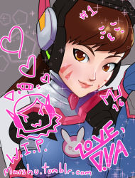 Rule 34 | &gt;:3, 1girl, :3, bodysuit, breasts, brown eyes, brown hair, commentary, d.va (gremlin), d.va (overwatch), facial mark, head tilt, headphones, heart, highres, lips, long hair, marshu, overwatch, overwatch 1, pilot suit, rabbit, small breasts, smile, solo, unfinished, v-shaped eyebrows, whisker markings