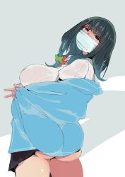 Rule 34 | 10s, 1girl, ass, bad id, bad twitter id, black hair, blue eyes, breasts, cardigan, ettone, gridman universe, hassu, highres, huge ass, large breasts, long hair, looking at viewer, mask, mouth mask, off shoulder, school uniform, scrunchie, skirt, ssss.gridman, surgical mask