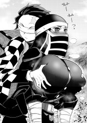 Rule 34 | 1boy, 1girl, absurdres, belt, blindfold, blush, breasts, carrying, checkered clothes, grabbing, grabbing another&#039;s breast, greyscale, haori, hat, heavy breathing, highres, huge breasts, japanese clothes, kakushi (kimetsu no yaiba), kamado tanjirou, kimetsu no yaiba, large breasts, long sleeves, monochrome, nesz r, outdoors, piggyback, puffy long sleeves, puffy sleeves, scar, scar on face, scar on forehead, veil