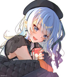 Rule 34 | 1girl, beret, black bow, black hat, black ribbon, blue eyes, blue hair, blue jacket, blush, bow, bow earrings, choker, collared shirt, commentary, dot nose, earrings, english commentary, eyelashes, eyeshadow, floral print, hair ornament, hair ribbon, hat, highres, hololive, hoshimachi suisei, hoshimachi suisei (streetwear), jacket, jacket partially removed, jewelry, keisea, knees to chest, knees up, lace, lace choker, lace sleeves, lipgloss, lipstick, long eyelashes, long hair, makeup, official alternate costume, orange pantyhose, pantyhose, ponytail, quilted clothes, quilted jacket, ribbon, rose print, shirt, side ponytail, simple background, sitting, solo, star (symbol), star in eye, symbol in eye, virtual youtuber, white background, white shirt