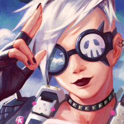 Rule 34 | 1girl, alternate hair color, alternate hairstyle, armor, black gloves, black nails, blue sky, choker, cloud, cloudy sky, day, ear piercing, fingerless gloves, fingernails, gloves, goggles, goth fashion, harness, highres, lips, lipstick, makeup, nail polish, overwatch, overwatch 1, pauldrons, piercing, punk, punkish gothic, red lips, reflection, salute, short hair, shoulder armor, shoulder pads, skull, sky, solo, spiked choker, spikes, star (symbol), swept bangs, tracer (overwatch), ultraviolet tracer, upper body, white hair, yixinhe