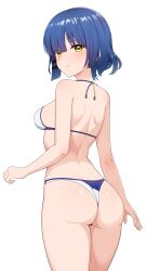 1girl ass bikini blue_hair bocchi_the_rock! breasts from_behind highres looking_at_viewer looking_back medium_breasts mole mole_under_eye multicolored_bikini short_hair simple_background solo standing swimsuit thong_bikini two-tone_bikini white_background yamada_ryo yellow_eyes yisusjpl