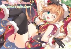 Rule 34 | 10s, 1girl, 2015, ;d, ameto yuki, aqua eyes, artist name, ass, black gloves, breasts, cape, christmas, circle name, clarisse (granblue fantasy), cleavage, full body, gloves, granblue fantasy, hat, light brown hair, looking at viewer, merry christmas, midriff, one eye closed, open mouth, santa hat, smile, solo, swept bangs, wavy hair