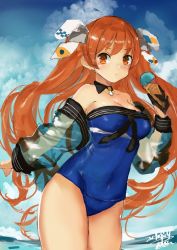 Rule 34 | 1girl, black gloves, blue one-piece swimsuit, blue sky, breasts, brown eyes, cleavage, cloud, cowboy shot, dated, day, detached collar, food, gloves, hair ribbon, ice cream, jacket, johnston (kancolle), kantai collection, light brown hair, long hair, looking at viewer, medium breasts, off shoulder, one-piece swimsuit, outdoors, ribbon, school swimsuit, see-through, see-through jacket, signature, single glove, sky, solo, standing, swimsuit, toka (marchlizard), transparent jacket, two side up