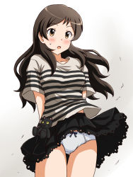 Rule 34 | 1girl, :o, arms behind back, black skirt, blush, bow, bow panties, brown eyes, brown hair, clothes lift, commentary request, crotch seam, gluteal fold, grey panties, grey shirt, idolmaster, idolmaster million live!, kitazawa shiho, lielos, long sleeves, looking at viewer, miniskirt, open mouth, panties, pantyshot, partial commentary, petticoat, pleated skirt, shirt, short sleeves, skirt, skirt lift, solo, standing, striped clothes, striped shirt, stuffed animal, stuffed cat, stuffed toy, sweatdrop, t-shirt, thigh gap, underwear, wind, wind lift