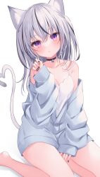 Rule 34 | 1girl, animal ear fluff, animal ears, bare shoulders, bell, black choker, black hair, black nails, blue jacket, blush, breasts, camisole, cat ears, cat girl, cat tail, choker, cleavage, collarbone, commentary request, grey hair, hair between eyes, head tilt, heart, heart tail, highres, jacket, jingle bell, komomo (ptkrx), long hair, long sleeves, looking at viewer, medium breasts, multicolored hair, nail polish, neck bell, off shoulder, open clothes, open jacket, original, parted lips, puffy long sleeves, puffy sleeves, purple eyes, shadow, simple background, sitting, sleeves past wrists, solo, streaked hair, tail, very long hair, wariza, white background, white camisole
