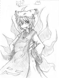 Rule 34 | 1girl, akenoin, akenoin soumon, animal hat, female focus, fox tail, frills, greyscale, hat, long sleeves, looking at viewer, mob cap, monochrome, mouth hold, multiple tails, short hair, simple background, sketch, solo, tabard, tail, tassel, touhou, white background, wide sleeves, yakumo ran