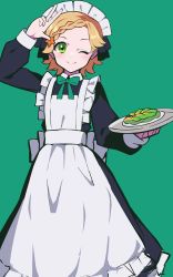 Rule 34 | 1girl, absurdres, aikatsu! (series), apron, black dress, black ribbon, blonde hair, bow, bowtie, braid, closed mouth, commentary request, dress, feet out of frame, food, green background, green bow, green bowtie, green eyes, hair ribbon, hands up, highres, holding, holding tray, long sleeves, looking at viewer, maid, maid apron, maid headdress, one eye closed, ribbon, shinjo hinaki, short hair, simple background, smile, solo, tray, uhouhogorigori, w, white apron