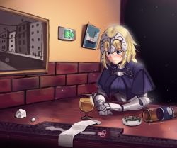 Rule 34 | 1girl, absurdres, arm support, armpits, ashtray, blonde hair, blue eyes, blush, boa (brianoa), bottle, braid, breasts, cape, chain, cup, drinking glass, exit sign, fate/apocrypha, fate/grand order, fate (series), hair between eyes, headpiece, highres, jeanne d&#039;arc (fate), jeanne d&#039;arc (ruler) (fate), large breasts, long hair, medium breasts, solo, sweat, twitter username, wine bottle, wine glass