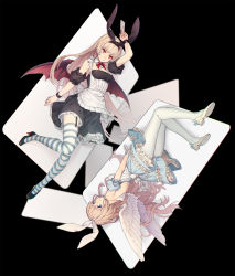 Rule 34 | 2girls, angel and devil, apron, arm at side, arm up, bare shoulders, bat wings, between fingers, black background, black bow, black dress, black footwear, blue bow, blue dress, blurry, blush, bow, breasts, card, closed mouth, crnksg, demon wings, depth of field, detached collar, detached sleeves, dress, dress tug, eyebrows, feathered wings, framed breasts, frilled dress, frilled sleeves, frills, full body, garter straps, hairband, high heels, highres, holding, holding card, long hair, looking at viewer, medium breasts, multiple girls, neck ribbon, original, pantyhose, puffy short sleeves, puffy sleeves, red bow, red eyes, red ribbon, ribbon, rotational symmetry, shoes, short dress, short sleeves, smile, striped clothes, striped legwear, striped thighhighs, sugimoto (niboshiumai), tareme, thighhighs, tsurime, upside-down, white apron, white bow, white footwear, white legwear, white wings, wings, wrist cuffs