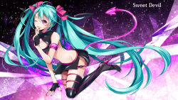 Rule 34 | 1girl, aqua hair, boots, breasts, cleavage, cleavage cutout, clothing cutout, demon tail, finger to mouth, fingerless gloves, gloves, grin, hair ribbon, hatsune miku, high heels, long hair, midriff, one eye closed, purple eyes, ribbon, shoes, skirt, smile, solo, sweet devil (vocaloid), tail, thigh boots, thighhighs, twintails, very long hair, vocaloid, wink, yunco, yuzuki kihiro