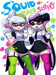 Rule 34 | !, 2girls, absurdres, black hair, black necktie, black skirt, blush, bow-shaped hair, breasts, callie (splatoon), cephalopod eyes, claw pose, cleavage, coattails, collarbone, cousins, cross-shaped pupils, earrings, fangs, garter straps, gloves, green hat, green thighhighs, grey hair, hat, heart, highres, inkling, jewelry, long hair, looking at viewer, maid, marie (splatoon), medium breasts, mole, mole under eye, multiple girls, necktie, nintendo, one eye closed, open mouth, pink hat, pink thighhighs, pointy ears, shirt, short hair, short sleeves, skirt, sleeveless, sleeveless shirt, smile, sparkle, splatoon (series), spoken exclamation mark, spoken sparkle, squid girl, standing, symbol-shaped pupils, teeth, tentacle hair, tentacles, thick thighs, thighhighs, thighs, tony welt, twintails, white background, white gloves, white shirt, wink, yellow eyes