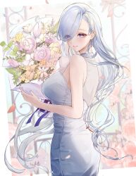 Rule 34 | 1girl, absurdres, alternate costume, alternate hairstyle, arano0910, asymmetrical bangs, bare shoulders, blush, bouquet, breasts, clenched teeth, commentary request, cowboy shot, dress, eyes visible through hair, flower, from side, genshin impact, grey dress, grey hair, grey nails, hair over one eye, highres, holding, holding bouquet, large breasts, long hair, looking at viewer, nail polish, open mouth, pink flower, purple eyes, shenhe (genshin impact), sleeveless, sleeveless dress, smile, solo, teeth, turning head
