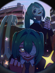 1girl aqua_hair black_jacket blue_eyes blue_necktie brown_sweater_vest cellphone collared_shirt double-parted_bangs eyepatch fisheye from_behind hair_between_eyes hair_intakes hand_up hatsune_miku heart heart-shaped_pupils highres holding holding_phone jacket knocking long_hair long_sleeves looking_at_viewer lower_teeth_only medical_eyepatch monitoring_(vocaloid) multiple_views necktie numzawa open_clothes open_jacket open_mouth phone pov_peephole shirt shirt_tucked_in sidelocks smartphone sweater_vest symbol-shaped_pupils teeth twintails very_long_hair vocaloid white_shirt