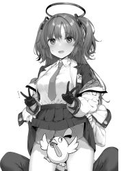 Rule 34 | 1boy, 1girl, 1other, blue archive, blush, clothes lift, collared shirt, covering crotch, covering privates, double v, embarrassed, gloves, greyscale, hair between eyes, hair ornament, halo, highres, jacket, lifting another&#039;s clothes, long hair, long sleeves, looking at viewer, monochrome, necktie, off shoulder, open clothes, open jacket, open mouth, peroro (blue archive), pleated skirt, school uniform, shirt, shirt tucked in, simple background, skirt, skirt lift, solo focus, stuffed animal, stuffed bird, stuffed toy, sweat, takayaki, two side up, v, white background, yuuka (blue archive)