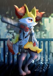 Rule 34 | 1girl, absurdres, animal ear fluff, animal ears, animal feet, animal nose, artist name, barefoot, black fur, black shirt, blurry, blush, body fur, bokeh, bottomless, braixen, breasts, chainsaw, closed mouth, clothed pokemon, coat, collared shirt, creatures (company), depth of field, expressionless, fang, fang out, female focus, fox ears, fox girl, fox tail, full body, furry, furry female, game freak, gen 6 pokemon, gloves, gun, hand on own hip, hand up, handgun, highres, holding, holding chainsaw, holster, holstered, legs, light blush, long sleeves, looking to the side, multicolored fur, night, nintendo, open clothes, open coat, outdoors, pokemon, pokemon (creature), railing, rain, red eyes, red gloves, shirt, small breasts, smoothpen, snout, solo, standing, stick, tail, thigh holster, thigh strap, watermark, weapon, white coat, white fur, yellow fur