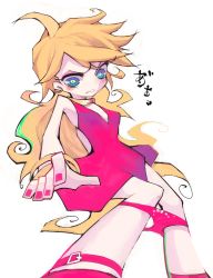 Rule 34 | 10s, 1girl, ahoge, bad id, bad pixiv id, blonde hair, blue eyes, bracelet, dress, htm (gixig), jewelry, kneehighs, looking at viewer, nail polish, panty &amp; stocking with garterbelt, panty (psg), panty slip, red dress, simple background, socks, solo, white background