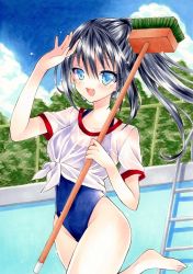 Rule 34 | 1girl, :d, absurdres, bad id, bad pixiv id, barefoot, black hair, blue eyes, blue one-piece swimsuit, blue sky, blush, broom, cloud, collarbone, day, empty pool, floating hair, groin, hair between eyes, highleg, highleg swimsuit, highres, holding, holding broom, long hair, marker (medium), one-piece swimsuit, open mouth, original, outdoors, ponytail, pool, school swimsuit, shirt, short sleeves, sky, smile, solo, standing, standing on one leg, swimsuit, swimsuit under clothes, tied shirt, traditional media, wet, wet clothes, wet shirt, white shirt, yuiki (cube)