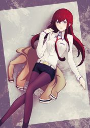 Rule 34 | 1girl, absurdres, belt, black shorts, dress shirt, floating hair, from above, hair between eyes, highres, pantyhose under shorts, long hair, long sleeves, looking at viewer, lying, makise kurisu, necktie, on back, open mouth, pantyhose, pink shirt, purple eyes, purple pantyhose, red hair, red necktie, shiny clothes, shiny legwear, shirt, short shorts, shorts, solo, steins;gate, straight hair, tayutau0a0, very long hair, white belt, white shirt