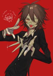 Rule 34 | 1boy, black eyes, brown hair, chibi, eyepatch, fangs, gauze, gauze on cheek, gloves, hair between eyes, highres, holding, knife, long sleeves, looking at viewer, male focus, medical eyepatch, messy hair, multiple views, open mouth, randal&#039;s friends, randal ivory, red background, simple background, syoboikao, white gloves