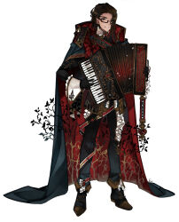 Rule 34 | 1boy, absurdres, accordion, black cape, black footwear, black gloves, black pants, bow, brown hair, cape, gloves, grin, highres, holding, holding instrument, instrument, legs apart, long hair, long sleeves, male focus, original, pants, red-framed eyewear, red bow, red cape, red eyes, semi-rimless eyewear, shoes, simple background, sleeve cuffs, smile, solo, standing, sumisu (rinsumi), two-sided fabric, two-tone cape, under-rim eyewear, white background