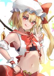 Rule 34 | 1girl, :q, alternate costume, blonde hair, bow, bowtie, closed mouth, commentary request, flandre scarlet, hat, hat ribbon, looking at viewer, looking back, mob cap, navel, one-hour drawing challenge, one side up, pointy ears, red bow, red bowtie, red eyes, red ribbon, red skirt, ribbon, shironeko yuuki, skirt, solo, star (symbol), starry background, tongue, tongue out, touhou, upper body, w, white background, white hat, wrist cuffs
