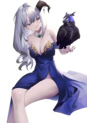 Rule 34 | 1girl, absurdres, aya (lezon), bird, blue dress, breasts, cleavage, dress, feet out of frame, grey hair, highres, horn ornament, horns, invisible chair, large breasts, long hair, looking at animal, mole, mole under eye, nail polish, original, owl, parted lips, simple background, single horn, sitting, smile, solo, white background