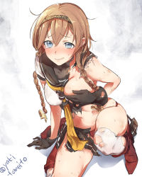 Rule 34 | 10s, 1girl, black gloves, black skirt, blush, braid, clothes writing, covering privates, covering breasts, gloves, gradient background, grey eyes, hachimaki, hair ornament, headband, kantai collection, light brown hair, long hair, neckerchief, panties, pleated skirt, propeller hair ornament, red panties, sailor collar, school uniform, serafuku, skirt, solo, tears, teruzuki (kancolle), thighhighs, torn clothes, torn skirt, torn thighhighs, twin braids, twitter username, underwear, wavy mouth, white thighhighs, yakitomato