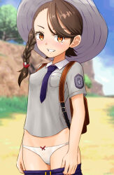 Rule 34 | 1girl, absurdres, backpack, bag, blue necktie, blurry, blurry background, blush, braid, breasts, brown hair, clothes pull, commentary request, creatures (company), game freak, grey shirt, hat, highres, juliana (pokemon), looking at viewer, necktie, nintendo, orange eyes, outdoors, panties, pokemon, pokemon sv, school uniform, shirt, shorts, shorts pull, sirokohi, small breasts, smile, solo, swept bangs, teeth, underwear, uva academy school uniform, white panties