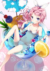 Rule 34 | 1girl, :p, bad id, bad pixiv id, barefoot, bikini, bracelet, breasts, cleavage, cocktail glass, collarbone, cup, drinking glass, feet, flower, food, fruit, hair bobbles, hair ornament, hair ribbon, hairclip, ice, ice cube, in container, jewelry, leg up, licking lips, long hair, looking at viewer, mini person, minigirl, navel, nyanya, original, parasol, pink hair, purple eyes, ribbon, ring, side ponytail, sitting, smile, solo, swimsuit, tongue, tongue out, umbrella, white bikini