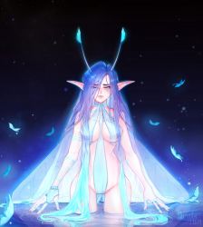 Rule 34 | + +, 1girl, artist name, bare shoulders, black background, blue eyes, blue hair, blue theme, breasts, bug, butterfly, character request, closed mouth, collar, commentary, copyright request, dark blue hair, eluvianart, facial mark, fingernails, gradient hair, hair between eyes, highres, in water, insect, lips, long hair, looking down, multicolored hair, pointy ears, russian commentary, simple background, solo, standing, tattoo, thick eyebrows, very long hair, vkontakte username, wading, watermark, web address