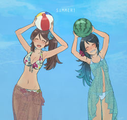 Rule 34 | 10s, 2girls, alternate costume, alternate hairstyle, amagi (kancolle), armpits, ball, bare arms, bare shoulders, beachball, bikini, blue bikini, blue hair, breasts, brown hair, cleavage, closed eyes, english text, fig (lchijiku), floral print, flower, food, front-tie top, fruit, gradient background, grin, hair flower, hair ornament, halterneck, kantai collection, katsuragi (kancolle), long hair, medium breasts, midriff, mole, mole under eye, multiple girls, navel, open mouth, ponytail, sarong, side ponytail, skirt, small breasts, smile, swimsuit, watermelon